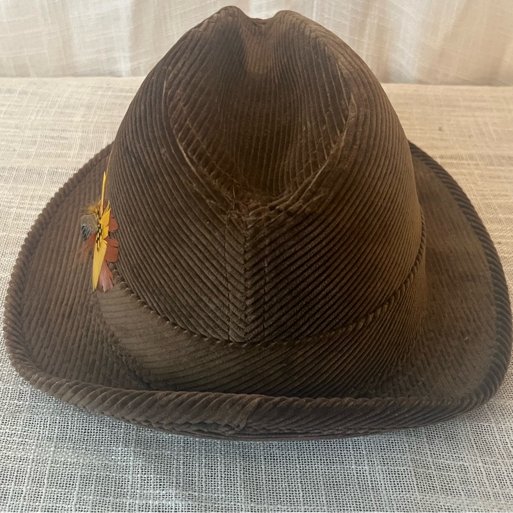 Vintage Corduroy Fedora Union Made USA Brown Hat Size 7 1/4 Cozy Lodge Style - Picture 3 of 8